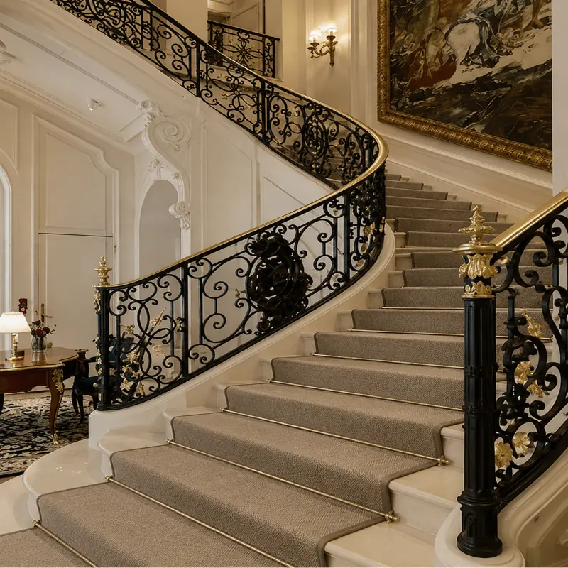 Taupe flat wave stair carpet .